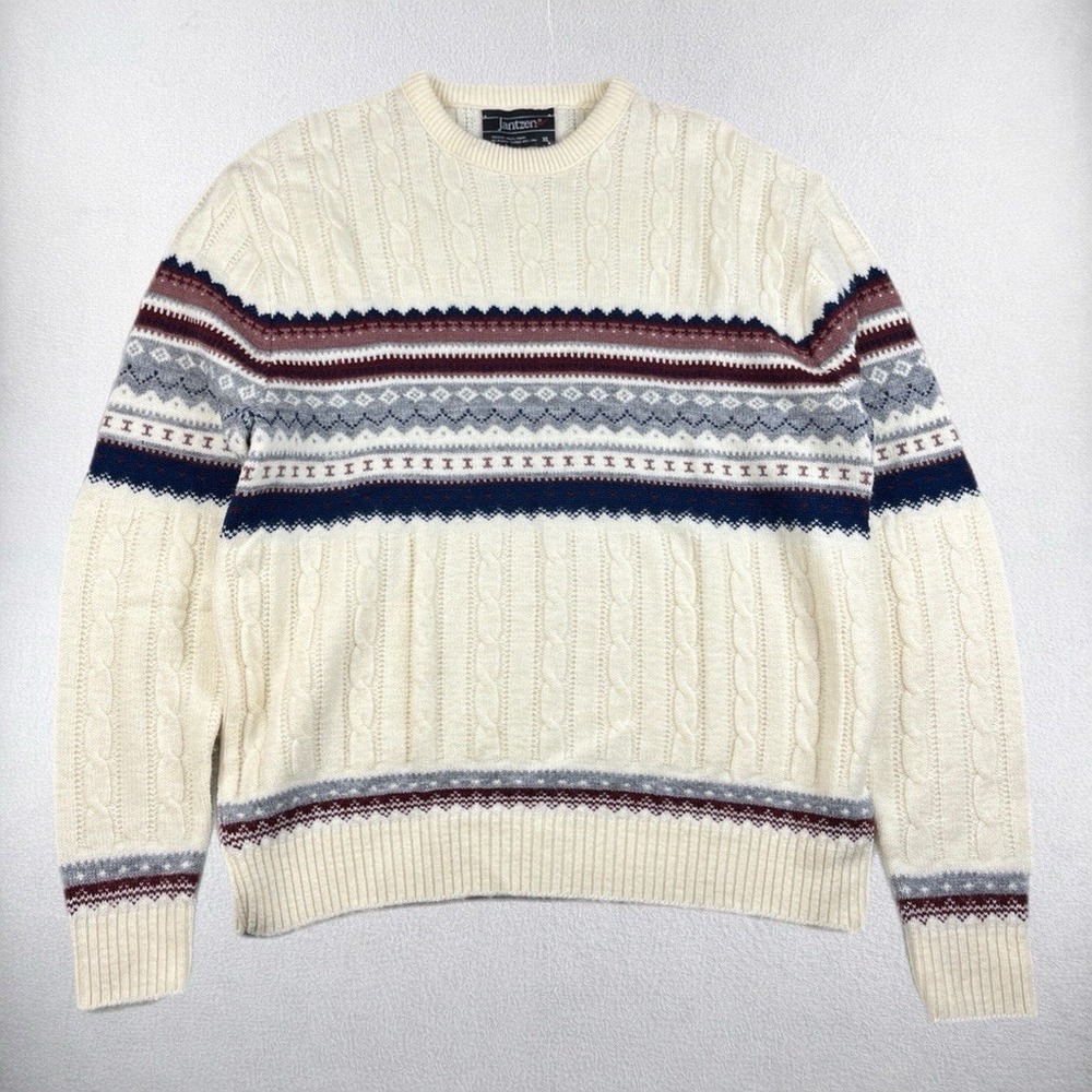 Vintage Jantzen Fair Isle Sweater Mens XL Ivory Wool Blend Cable Knit 80s